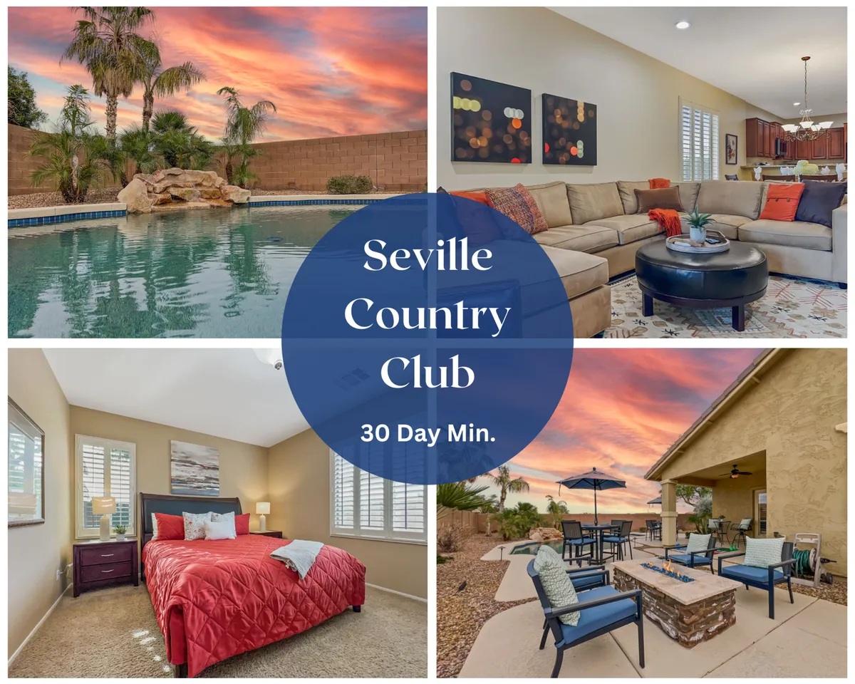 The image showcases a spacious and stylish interior with a seamless flow from the cozy living room, featuring plush seating and a large TV, to expansive glass doors that reveal a sparkling swimming pool. The backyard boasts an inviting outdoor seating area and fire pit, perfect for sunset gatherings, and a glimpse of a bedroom with vibrant red bedding adds a touch of luxury and warmth.